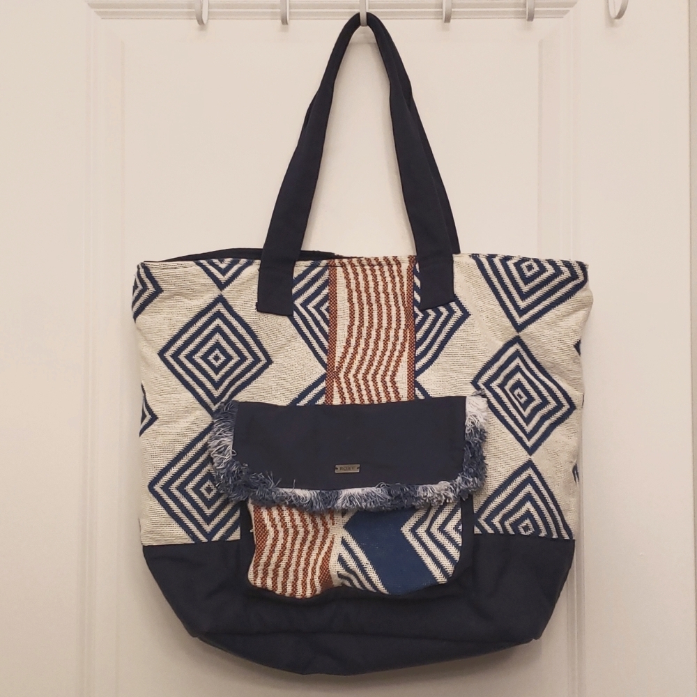 ROXY "Heart By The Sea" Large Tote Bag Beach Weekender Knit Canvas Boho Aztec